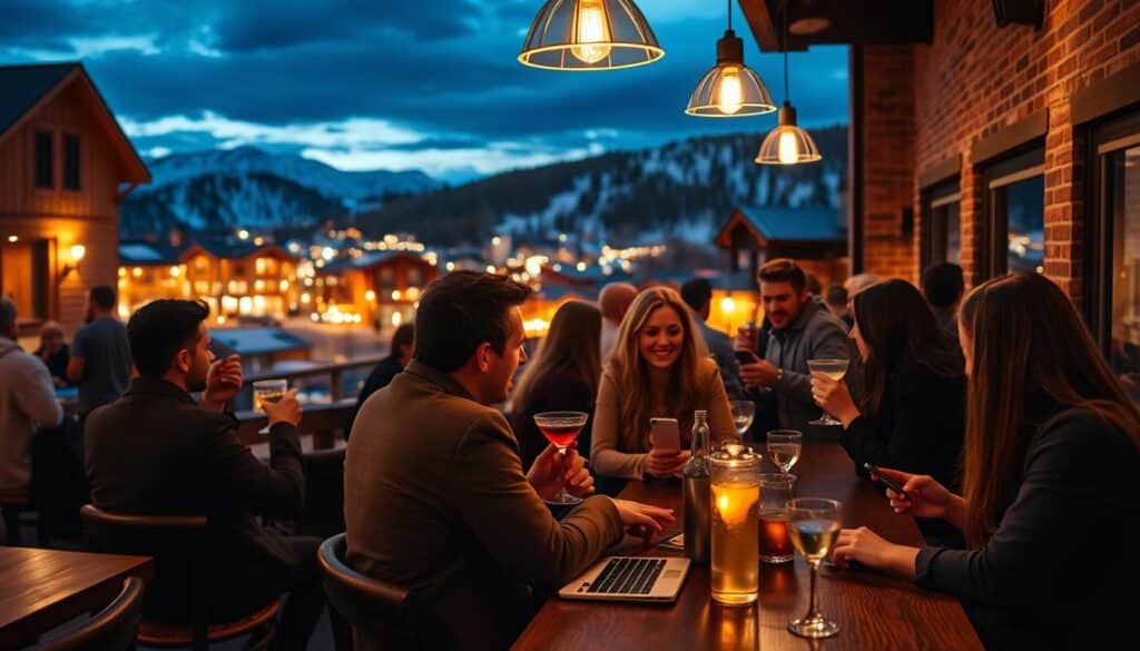A serene mountain town at dusk, the lights of Breckenridge twinkling in the distance. In the foreground, a cozy coffee shop with a warm, inviting glow. Inside, a young professional singles mixer is underway - men and women sipping craft cocktails and chatting animatedly, profiles discreetly open on their phones as they seek that special someone. The atmosphere is relaxed yet electric, the perfect setting for Breckenridge's savvy singles to mingle and connect through the convenience of online dating. Soft indie music plays in the background, and the décor is rustic-chic, with exposed brick walls and polished hardwood floors. Soft lighting from sleek pendant fixtures casts a romantic ambiance over the scene.