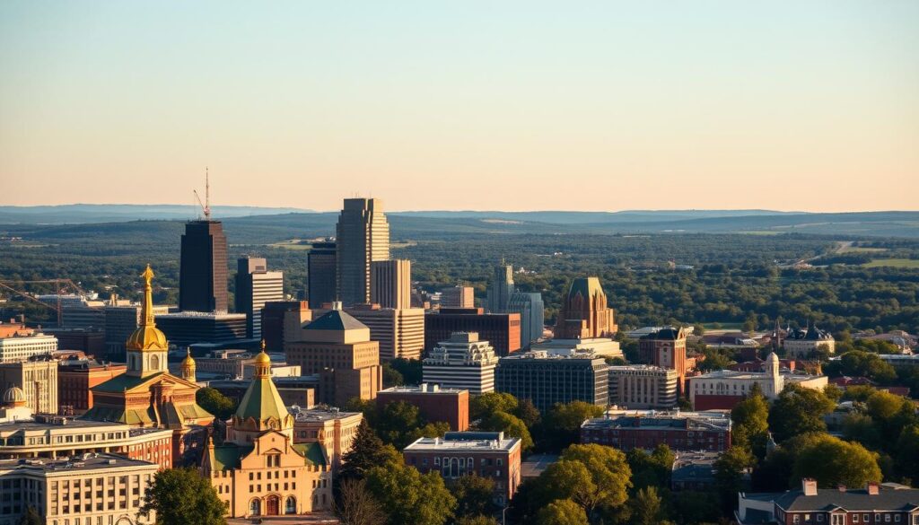 A bustling skyline of nearby cities, captured through the lens of a wide-angle camera. In the foreground, the iconic landmarks of De Kalb, Missouri stand tall, inviting singles to explore the local dating scene. The middle ground features the silhouettes of neighboring towns, each with their own unique charm and vibrant nightlife. The background is a panoramic view of the rolling hills and lush greenery, creating a picturesque backdrop for this singles-friendly destination. The scene is bathed in warm, golden light, evoking a sense of romance and adventure. The overall composition conveys the diversity and vitality of the region, making it an enticing destination for singles seeking new connections and experiences.