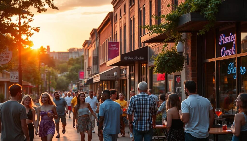 A bustling street in the heart of Shoal Creek Drive, Missouri, with couples strolling hand-in-hand, lively cafes spilling onto the sidewalk, and a warm, golden sunset casting a romantic glow. In the foreground, young singles mingle at a cozy outdoor lounge, sipping craft cocktails and exchanging flirtatious glances. The middle ground features vibrant storefronts, their neon signs reflecting in the windows, hinting at the lively nightlife. In the background, a picturesque backdrop of lush greenery and the silhouettes of historic buildings, creating a charming, intimate atmosphere for the local dating scene.