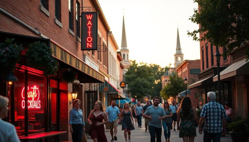 A bustling downtown street in Wellington, Missouri, bathed in the warm glow of sunset. Couples stroll hand-in-hand, pausing to peer into the windows of charming local shops and cafes. In the foreground, a group of friends laugh and chat over craft cocktails on the patio of a popular bar, its neon sign casting a vibrant reflection on the brick facade. In the distance, the steeple of a historic church rises above the treetops, evoking a sense of community and small-town character. The scene is captured with a shallow depth of field, drawing the viewer's eye to the intimate human interactions and creating a cozy, intimate atmosphere.