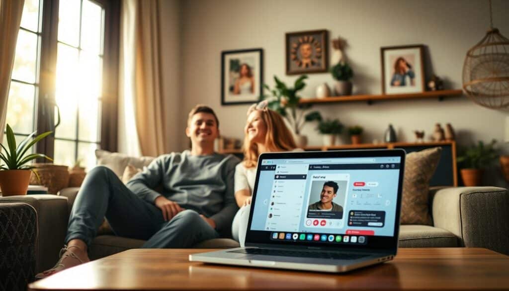 A cozy living room setting, bathed in warm, natural lighting filtering through large windows. In the foreground, an attractive young couple sits together on a comfortable sofa, smiling and engaged in animated conversation. They appear relaxed and at ease, dressed casually but stylishly. In the middle ground, a laptop rests on a coffee table, its screen displaying a dating app interface. The background features tasteful decor, plants, and personal mementos, creating a welcoming, inviting atmosphere. The overall scene conveys a sense of connection, happiness, and the success of an online dating journey.