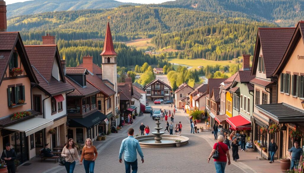 A quaint, picturesque town nestled in rolling hills, with a charming Main Street lined with cozy cafes, local boutiques, and inviting pubs. In the foreground, couples strolling hand-in-hand, enjoying the lively atmosphere. In the middle ground, a vibrant town square with a central fountain and bustling pedestrians. In the background, a scenic landscape of verdant forests and gentle streams, bathed in the warm, golden glow of a late afternoon sun. The scene exudes a sense of tranquility and romance, perfect for cultivating memorable dating adventures.