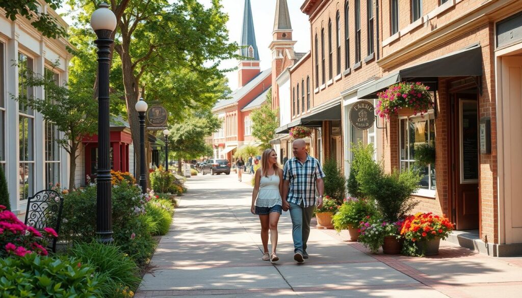 A cozy, charming street scene in the quaint town of Corder, Missouri. In the foreground, a couple strolls hand-in-hand, enjoying the warm, sun-dappled afternoon. Lush greenery and colorful flowers line the sidewalks, creating a picturesque setting. In the middle ground, local shops and cafes beckon, their facades adorned with inviting signs. The background features the town's historic architecture, with brick buildings and a church steeple reaching skyward. A sense of community and small-town allure emanates from the scene, capturing the essence of dating in this delightful Midwest location.