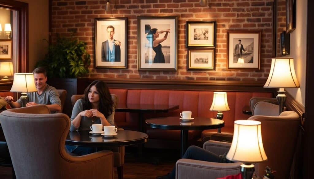 A cozy café in Martinsburg, Missouri, with soft lighting, wooden accents, and plush armchairs. Couples enjoying coffee and conversation, their faces illuminated by the warm glow of table lamps. The background features a brick wall adorned with framed artwork, creating a charming and intimate atmosphere. The scene exudes a sense of comfort and relaxation, perfect for a casual yet romantic date night.