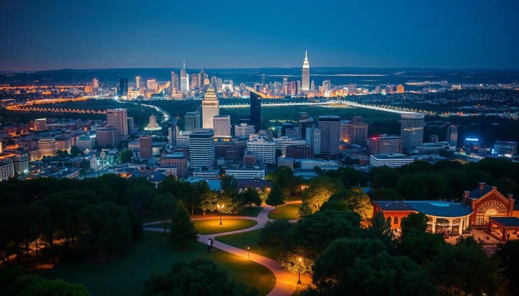 A bustling cityscape stretching across the horizon, with towering skyscrapers and vibrant lights illuminating the night sky. In the foreground, a picturesque park with lush greenery, winding paths, and couples strolling hand-in-hand, creating a romantic atmosphere. The middle ground features a bustling downtown area, with trendy restaurants, bars, and local shops, inviting singles to explore and mingle. The background showcases a variety of neighboring cities, each with its unique architectural style and lively energy, suggesting a diverse array of dating options for those in Leawood. The scene is captured with a cinematic wide-angle lens, bathed in warm, ambient lighting, creating a sense of intimacy and discovery.