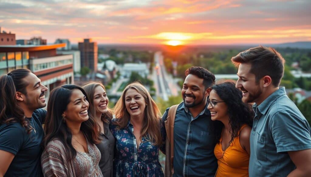 A vibrant scene of contentment and camaraderie, showcasing the success stories of singles in Parkway, Missouri. In the foreground, a group of diverse individuals - friends, couples, and solo adventurers - gather together, their faces aglow with genuine smiles. They share laughter and stories, radiating an infectious sense of joy and fulfillment. The middle ground features a backdrop of Parkway's bustling cityscape, with its mix of modern architecture and lush greenery. Soft, warm lighting casts a golden hue, evoking a sense of comfort and community. In the background, a picturesque sunset paints the sky with vibrant hues, a metaphor for the transformative journeys these singles have embarked upon. The overall atmosphere is one of celebration, connection, and the realization of personal growth and self-discovery.