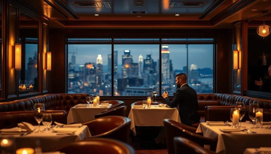 A cozy, candlelit restaurant interior with plush leather booths, white tablecloths, and soft mood lighting. A couple sits across from each other, engaged in intimate conversation, surrounded by the warm ambiance of a high-end dining establishment. In the background, a softly blurred city skyline can be seen through large windows, adding depth and a sense of place. The scene conveys an atmosphere of romance, sophistication, and the perfect setting for a memorable date night.
