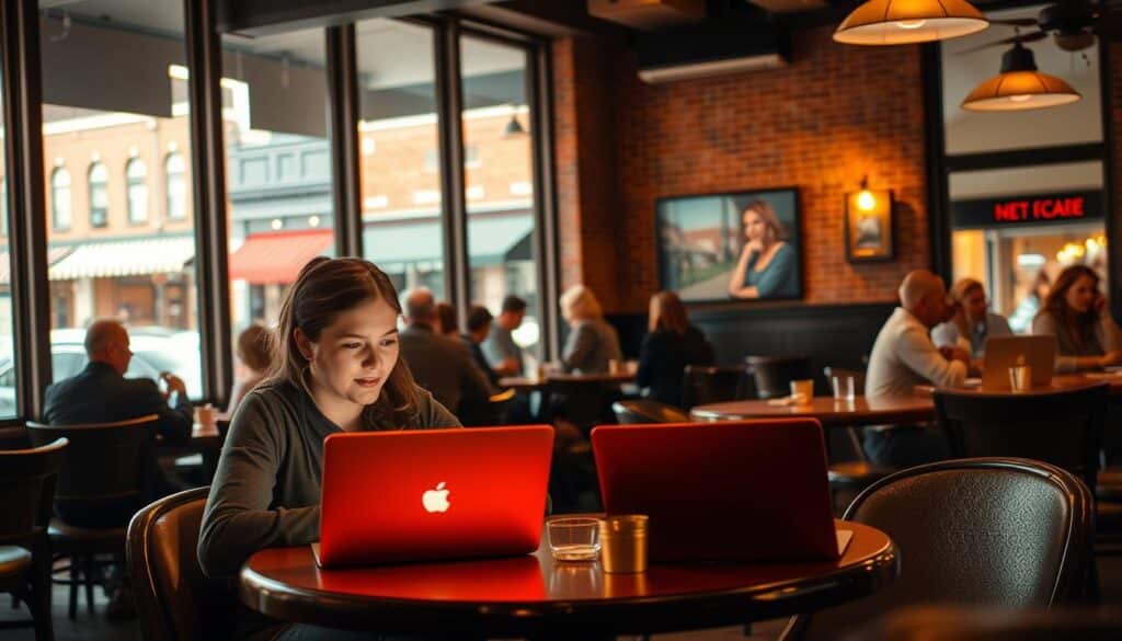 A bustling cafe in the heart of King City, Missouri, bathed in warm, golden light from large windows. In the foreground, a young couple sitting at a cozy table, their faces lit by the glow of their laptop screens as they navigate an online dating app, their expressions a mix of nervous excitement and hopeful anticipation. In the middle ground, other patrons sip their drinks and chat, creating a lively, yet intimate atmosphere. The background features the classic small-town charm of King City, with brick buildings and a quaint Main Street visible through the windows, suggesting a sense of community and comfort that draws these singles to find their match.