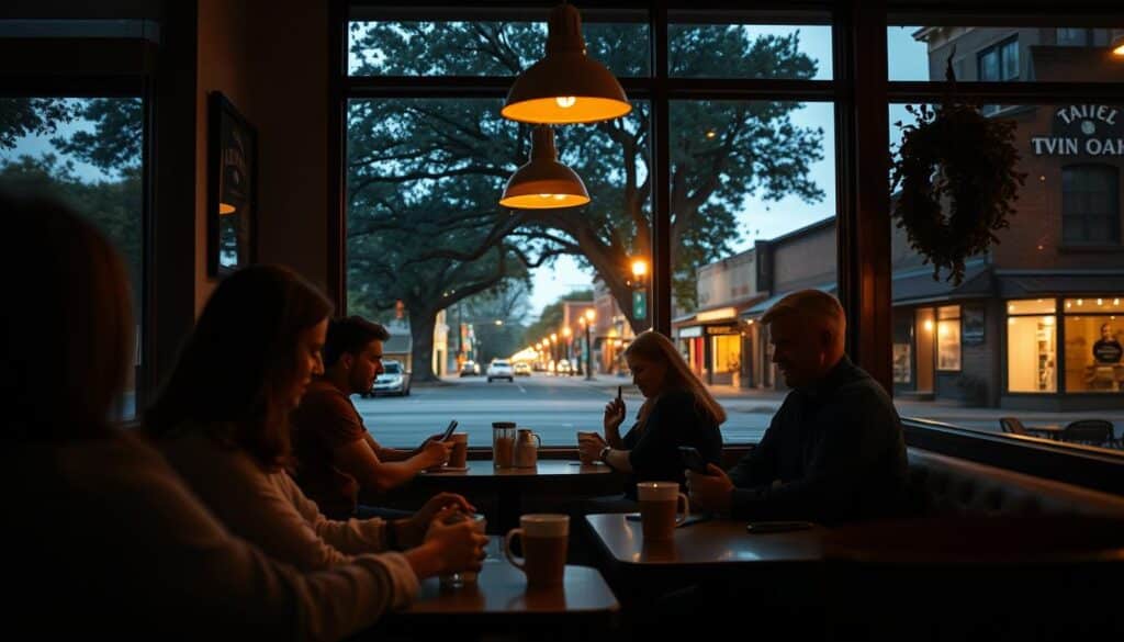 A serene evening in the small town of Twin Oaks, Missouri. In the cozy confines of a local coffee shop, singles sip their drinks and tap away on their smartphones, exploring the possibilities of online dating. Soft lighting casts a warm glow, while discreet decor and intimate tables create an inviting atmosphere. Through the window, the main street of Twin Oaks is visible, a picturesque scene of quaint shops and towering oak trees. The air is filled with the gentle hum of conversation and the occasional chuckle, as these singles navigate the modern landscape of finding connection in their close-knit community.