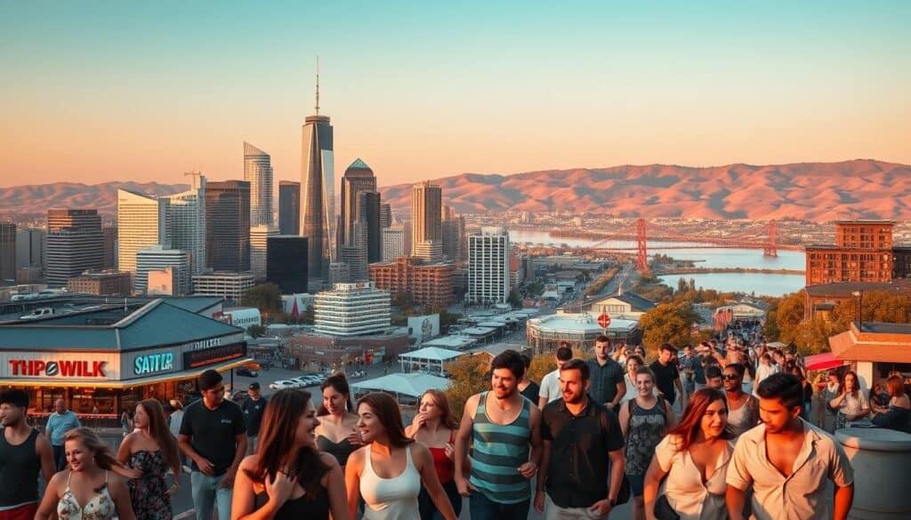 A bustling city skyline at golden hour, with a lively downtown area and vibrant nightlife. In the foreground, a diverse group of singles strolling along the streets, engaged in conversation and laughter. The middle ground showcases modern high-rise buildings, neon-lit bars, and trendy restaurants. In the background, a scenic vista of rolling hills and a nearby lake, creating a picturesque backdrop for a romantic getaway. The scene is illuminated by warm, golden lighting, evoking a sense of energy and excitement. Captured through a wide-angle lens, the image conveys the dynamic and social atmosphere of a thriving hub for singles seeking new connections and experiences.