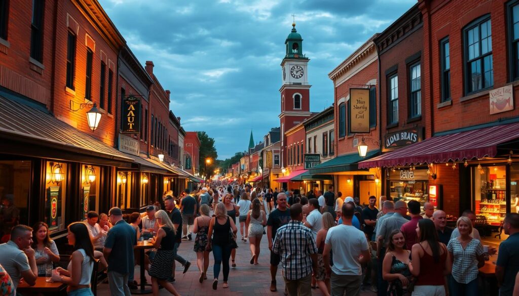 A bustling town square in Liberal, Missouri, teeming with locals and visitors alike, gathering at cozy coffee shops, lively pubs, and lively music venues. Warm lighting casts a inviting glow, illuminating cheerful conversations and laughter as new connections are made. Couples and groups mingle freely, exploring the vibrant culinary scene and discovering hidden gems tucked into charming brick buildings. In the background, a picturesque main street with quaint storefronts and a historic clock tower sets the stage for this thriving social hub, where the community comes together to relax, unwind, and cultivate new relationships.