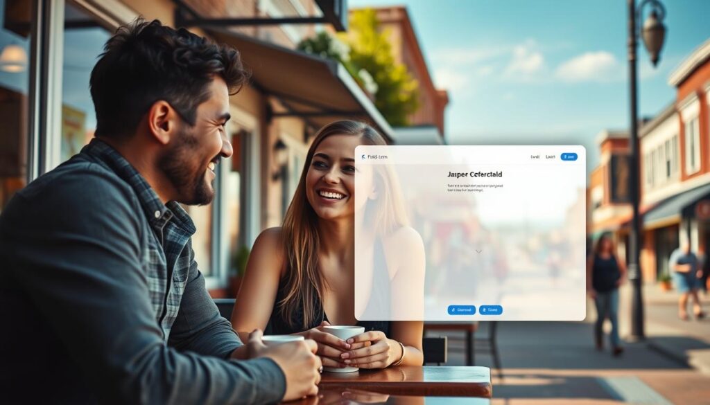 A vibrant, modern dating platform set against the scenic backdrop of Jasper, Missouri. In the foreground, two Jasper singles, diverse in age and appearance, engage in warm conversation over a cup of coffee, their faces illuminated by the soft, natural lighting of an outdoor cafe. The middle ground showcases the clean, intuitive interface of Folkd.com, its sleek design and user-friendly features inviting Jasper residents to connect. In the distance, the charming Main Street of Jasper is visible, its historic buildings and bustling shops creating a cozy, small-town atmosphere that perfectly complements the intimate setting of the dating platform.