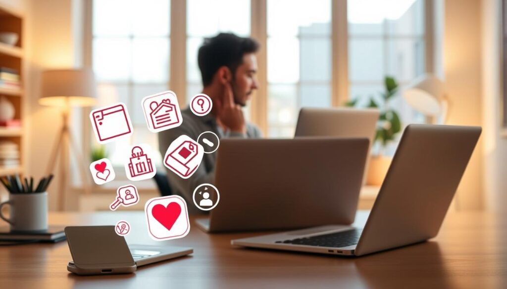 A modern, well-lit office scene with a laptop, smartphone, and various online dating safety icons and symbols floating in the foreground. In the middle ground, a person thoughtfully considering online dating options on their computer screen. The background features a warm, inviting interior design with natural lighting streaming through large windows, creating a sense of security and comfort. The overall atmosphere conveys a balanced and responsible approach to online dating, emphasizing the importance of safety and well-being.