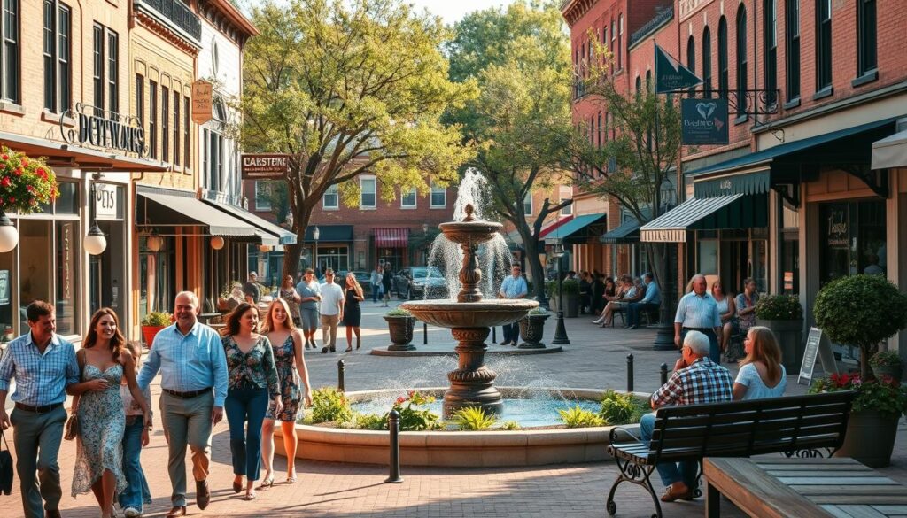 A cozy town square in Horine, Missouri, bathed in warm afternoon light. Couples stroll hand-in-hand past charming local cafes, their laughter and friendly chatter filling the air. In the center, a picturesque fountain surrounded by lush greenery and benches where singles mingle and exchange glances. The historic storefronts along the streets radiate a small-town ambiance, inviting passersby to explore the various boutiques, galleries, and date-night hotspots. A mood of relaxed conviviality and possibility permeates the scene, capturing the essence of the local dating scene in Horine.