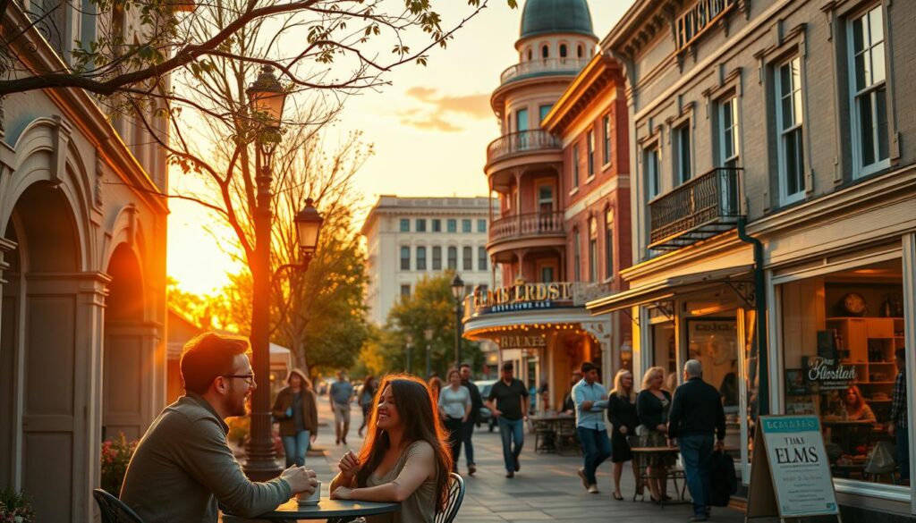A lively street scene in the charming town of Excelsior Springs, Missouri, with couples strolling along the sidewalks, browsing boutiques, and dining at cozy cafes. A warm, golden sunset casts a romantic glow over the historic architecture, with its ornate facades and wrought-iron details. In the foreground, a couple shares a laugh over coffee at an outdoor table, while in the middle ground, a group of friends window-shop at a local vintage store. In the background, the Elms Hotel, a grand, turn-of-the-century landmark, stands as a testament to the town's elegant past. The overall atmosphere is one of relaxed, small-town dating bliss, perfect for singles seeking a memorable evening out.