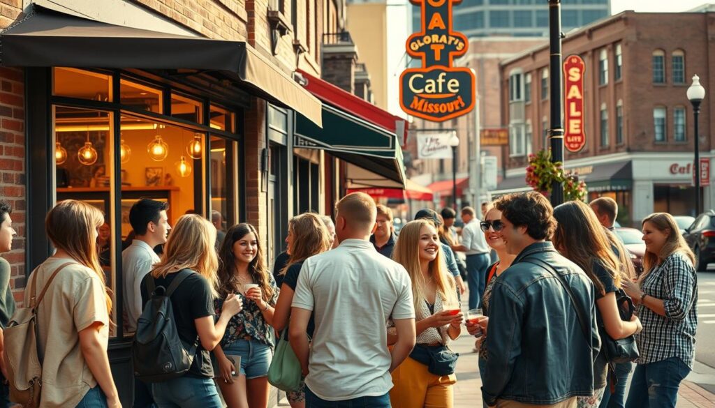 A bustling street corner in a lively Midwestern city, where singles gather to meet new people. In the foreground, a diverse group of young adults casually conversing, their body language open and inviting. In the middle ground, a cozy café spills warm light onto the scene, its windows framing people chatting over coffee. The background features the iconic architecture of Southwest City, Missouri - brick buildings, neon signs, and a vibrant nightlife. The mood is one of casual connection, the atmosphere electric with the potential for new relationships. Crisp, natural lighting illuminates the urban setting, creating a sense of energy and possibility.