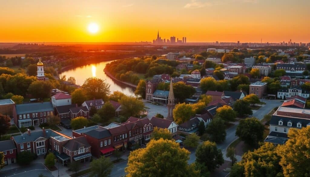 Sweeping panoramic view of several picturesque Midwestern towns nestled along a gently winding river, bathed in the warm glow of a golden sunset. In the foreground, the charming historic buildings and quaint main streets of La Grange, Missouri, inviting singles to explore local shops, cafes, and date night hotspots. The middle ground features the neighboring cities of Hannibal and Fayette, their skylines dotted with church steeples and tree-lined neighborhoods perfect for romantic strolls. In the distance, the bustling metropolis of Columbia rises up, providing a lively backdrop of entertainment and nightlife options for adventurous daters. The entire scene evokes a sense of small-town allure and big-city possibilities, capturing the essence of the dating landscape for singles in this idyllic region of the Show-Me State.