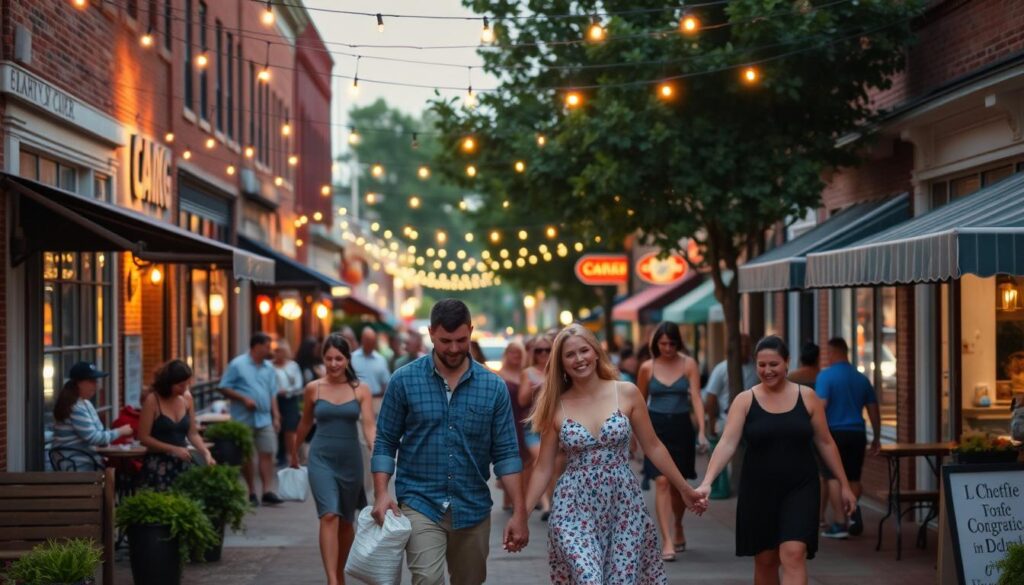 A bustling downtown street in La Grange, Missouri, on a warm summer evening. Couples stroll hand-in-hand past quaint cafes and boutiques, their laughter and animated conversations filling the air. The soft glow of string lights overhead creates a romantic ambiance, complemented by the occasional flash of headlights from passing cars. In the distance, the historic brick facades of local businesses provide a charming backdrop, while the faint scent of freshly brewed coffee and homemade pastries wafts through the streets. The scene captures the vibrant, small-town atmosphere that makes dating in La Grange a truly unique and unforgettable experience.