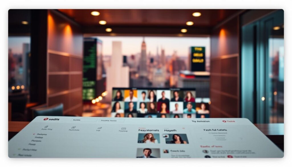 A sleek, modern web interface with a warm, inviting ambiance. In the foreground, an elegant dashboard with intuitive navigation and profile management tools. The middle ground features a vibrant grid of user thumbnails, each representing a potential match. The background showcases a softly blurred cityscape, hinting at the diverse community of singles connected through the platform. Soft, directional lighting emphasizes the clean lines and minimalist design, creating an atmosphere of sophistication and approachability. The camera angle is slightly elevated, giving a sense of an immersive, user-centric experience.