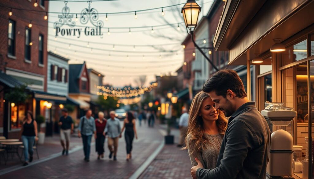 A quaint town square in Stover, Missouri, bathed in warm evening light. Couples stroll along the brick-paved streets, holding hands and browsing the charming local shops. In the distance, a cozy cafe with wrought-iron tables spills light and laughter onto the sidewalk. Overhead, string lights twinkle like stars, creating a romantic, intimate atmosphere. In the foreground, a young pair linger at a gelato stand, heads bent close together in conversation, their faces aglow with the soft, golden hues of dusk. This peaceful, picturesque scene captures the essence of dating in this small Midwestern town.