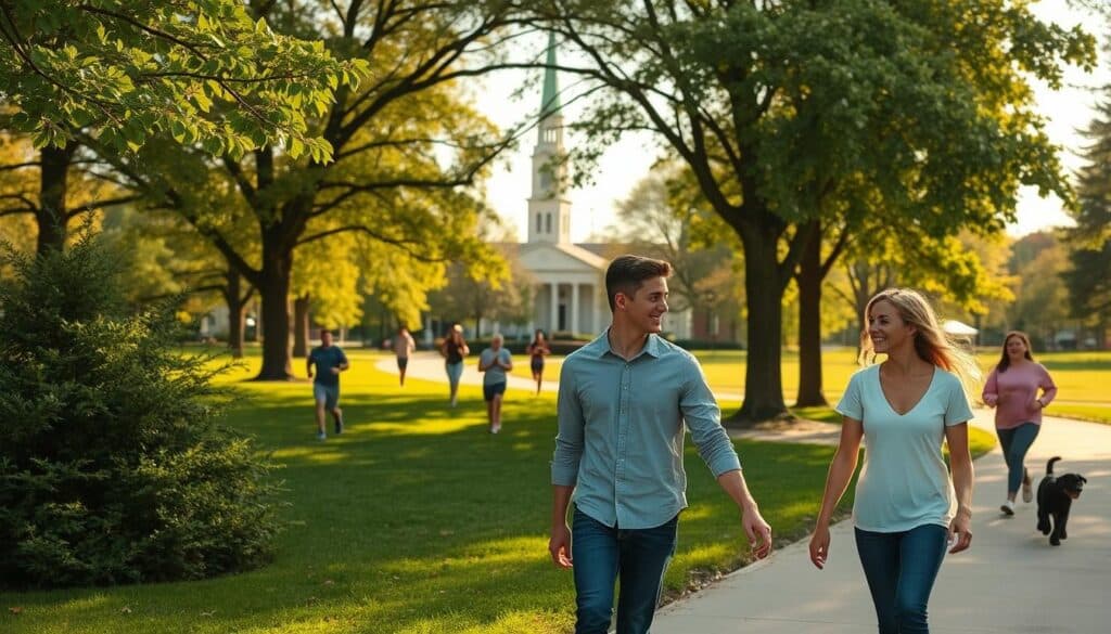 A serene small-town park in Clarence, Missouri, on a sunny spring day. In the foreground, a young couple strolls hand-in-hand, casually dressed in casual wear, smiling and engaged in conversation. In the middle ground, joggers and dog walkers move along a winding path, shaded by lush trees. In the background, the steeple of a historic church rises above the treetops, creating a picturesque scene. Warm, diffused lighting casts a golden glow, and a shallow depth of field keeps the focus on the central figures. The overall atmosphere is one of tranquility and relaxation, inviting viewers to imagine finding connection and romance in this charming Midwestern town.