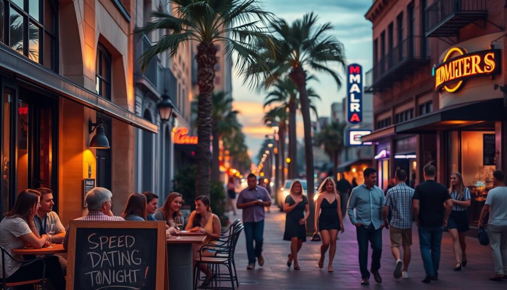 A city street in Mobile, Alabama, bathed in warm evening light. In the foreground, a cozy cafe with a chalkboard sign advertising "Speed Dating Tonight!" Groups of young professionals chat animatedly at small tables, sipping coffee and wine. In the middle ground, couples stroll hand-in-hand along the sidewalk, while further down the street, the neon sign of a trendy bar beckons. The background features the iconic architecture of downtown Mobile, with its historic buildings and palm trees swaying gently in the breeze. The overall atmosphere is inviting, vibrant, and brimming with the energy of a vibrant dating scene.