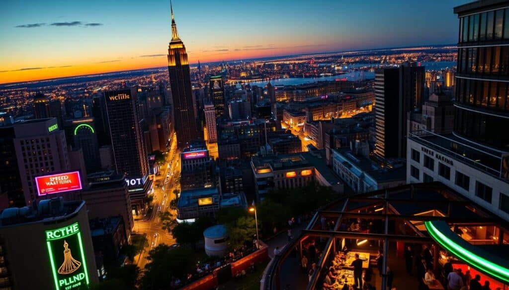 A bustling cityscape at dusk, with towering skyscrapers and neon-lit boulevards in the foreground. In the middle ground, people mingle at outdoor cafes and bars, engaged in lively conversation. The background features a panoramic view of neighboring cities, their lights twinkling in the distance, hinting at the vibrant social scene and ample opportunities for speed dating events. The scene is illuminated by a warm, golden glow, creating an inviting and energetic atmosphere. The overall composition suggests the excitement and potential of exploring the nearby cities for romantic connections.