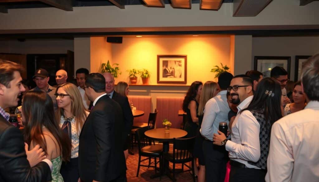 A vibrant, bustling scene of a speed dating event in Gadsden, Alabama. In the foreground, smartly dressed men and women mingle and converse animatedly, their expressions engaged and excited. The middle ground features a cozy, intimate setting with small tables and comfortable chairs, creating an atmosphere conducive to meaningful interactions. In the background, the warm, ambient lighting of the event space casts a welcoming glow, while the subtle details of the decor, such as potted plants and artwork, add a touch of sophistication. The overall mood is one of anticipation, connection, and the thrill of new possibilities. Captured through a wide-angle lens, the image conveys the energy and energy of a successful speed dating event in the heart of Gadsden.
