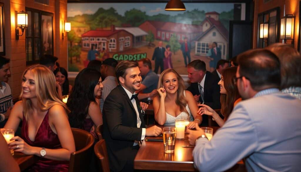 A lively speed dating event unfolds in a cozy, well-lit lounge. Smartly dressed singles energetically converse at intimate tables, their faces alight with enthusiasm. The atmosphere crackles with the anticipation of new connections - laughter, engaged body language, and fleeting glances all suggest the benefits of this social gathering. In the background, a vibrant mural depicting the local Gadsden community frames the scene, hinting at the town's welcoming spirit. Warm lighting casts a flattering glow, creating an inviting, relaxed vibe that puts participants at ease. The overall impression conveys the excitement and potential of speed dating in this charming Alabama town.