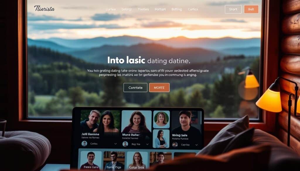 A cozy, inviting online dating website with a warm, rustic aesthetic. In the foreground, a clean, modern interface showcases user profiles, with a mix of headshots and candid photos. The middle ground features a softly-lit, wood-paneled background, evoking a cabin-like ambiance. In the background, a landscape of rolling hills, lush forests, and a glowing sunset sky creates a serene, nature-inspired setting. The overall mood is one of comfort, authenticity, and a sense of community, inviting users to find meaningful connections in a relaxed, down-to-earth environment.