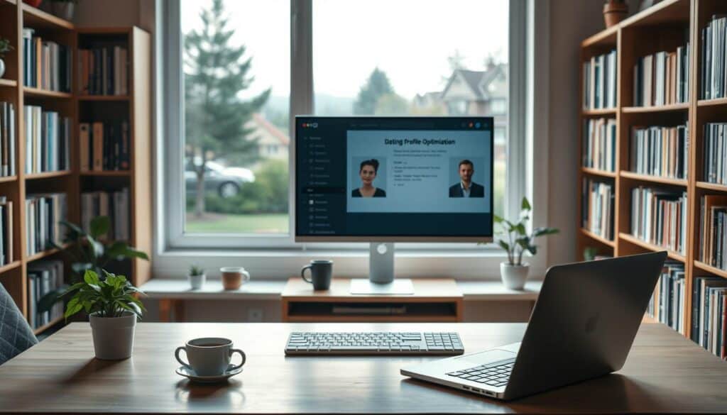 A cozy home office with a warm, inviting atmosphere. In the foreground, a neatly arranged desk with a laptop, a cup of coffee, and a small potted plant. On the desk, a sleek, minimalist monitor displays a dating profile optimization interface, the screen reflecting the user's thoughtful gaze. In the middle ground, bookshelves line the walls, their spines creating a sense of intellectual depth. The background features a large window overlooking a picturesque suburban neighborhood, the soft natural light filtering in and creating a serene, contemplative mood. The overall scene conveys a sense of focus, productivity, and a thoughtful approach to personal growth and self-presentation.