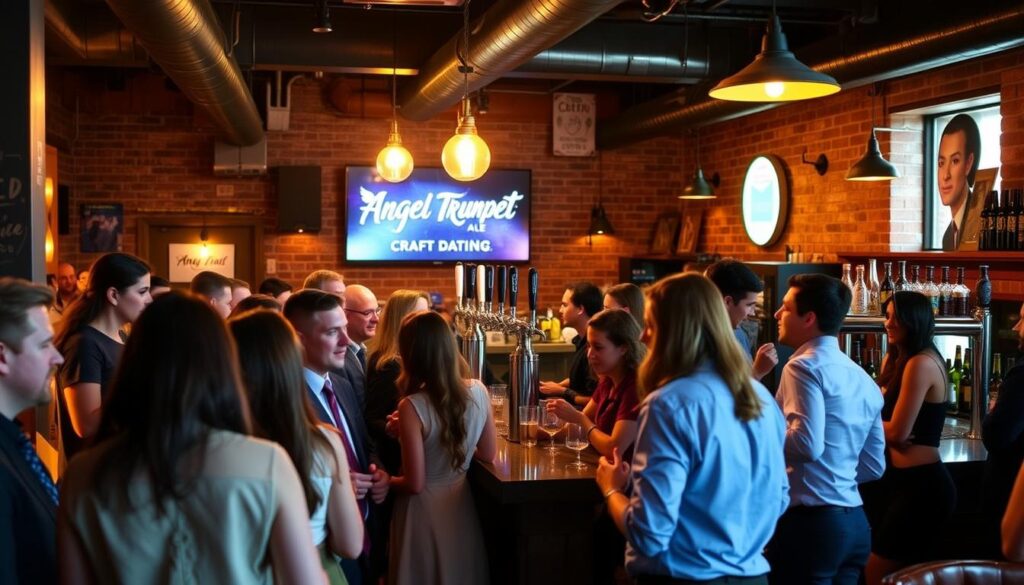 A lively speed dating event set in a cozy craft beer bar, featuring the iconic Angel Trumpet Ale on tap. In the foreground, a group of smartly dressed singles mingle and chat, their faces lit by warm, golden lighting that casts a convivial atmosphere. In the middle ground, the bar counter is lined with craft beer taps and bottles, conveying the locale's focus on premium beverages. The background showcases the rustic, industrial-chic decor of the bar, with exposed brick walls, wooden beams, and vintage lighting fixtures that create a casual, welcoming ambiance. The overall scene captures the energy and excitement of a fun, social speed dating experience in the heart of Avondale, Arizona.