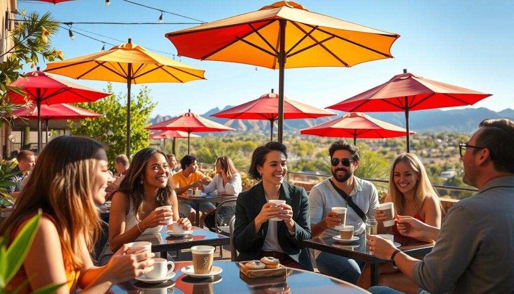 A sun-drenched outdoor cafe in Goodyear, Arizona, with vibrant umbrellas and lush greenery. In the foreground, a diverse group of young, stylish singles engaged in lively conversation over cups of coffee and pastries. The lighting is warm and natural, casting a soft glow on their faces as they smile and interact. In the middle ground, the cafe's chic, modern decor and welcoming atmosphere set the stage for genuine connections. The background features the stunning Southwestern landscape, with mountains and a clear blue sky, hinting at the endless possibilities for adventure and exploration that Arizona has to offer.