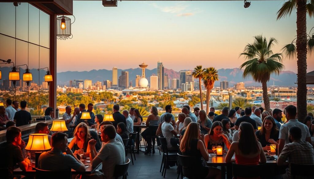 A vibrant, bustling scene of speed dating in the heart of downtown Phoenix. The foreground features a lively group of singles mingling and chatting animatedly at intimate cafe tables, illuminated by the warm glow of vintage lamps. In the middle ground, a stylish bar with a mirrored back wall creates a sense of movement and energy. The background showcases the iconic skyline of Phoenix, with palm trees and mountains in the distance, bathed in a golden sunset light. The overall atmosphere is one of excitement, connection, and the promise of new possibilities.