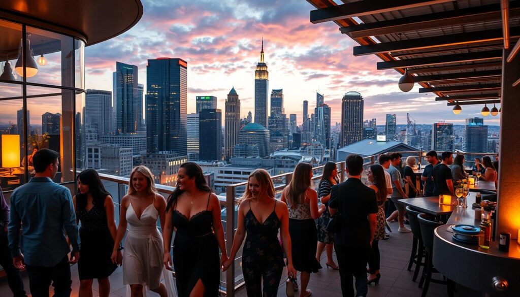 A bustling cityscape with nearby metropolitan areas showcasing a variety of dating event venues. In the foreground, couples stroll hand-in-hand, dressed elegantly for an evening of speed dating at a chic cocktail lounge with warm lighting and a stylish interior. In the middle ground, a group of friends laugh and mingle at an outdoor rooftop bar, overlooking the vibrant nightlife of the city. In the background, skyscrapers and high-rise buildings frame the scene, hinting at the diverse dating opportunities available in the surrounding urban landscape. Captured with a wide-angle lens to convey a sense of energy and possibility, the image exudes an atmosphere of excitement and social connection.