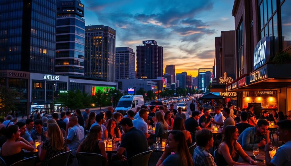 A bustling downtown scene in a vibrant city near Anthem, Arizona. In the foreground, groups of young professionals gathered around intimate tables, engaged in lively conversation and laughter. The mid-ground showcases a modern urban landscape, with sleek high-rise buildings and neon-lit bars and restaurants. The background is illuminated by a warm, golden sunset, casting a romantic glow over the entire scene. The overall atmosphere is one of energy, excitement, and the potential for new connections. Captured with a wide-angle lens to convey a sense of scale and community.