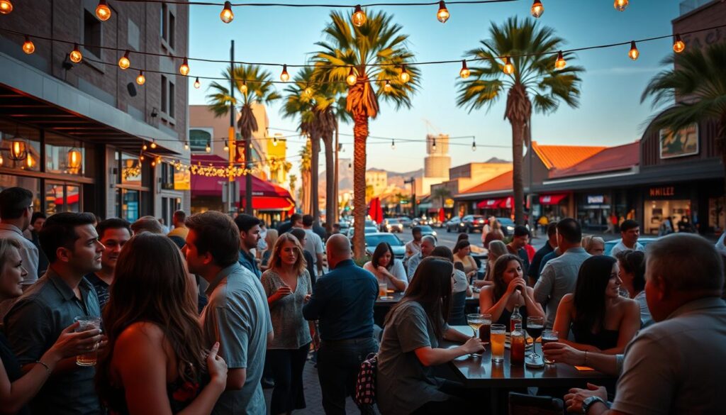 A vibrant speed dating event in downtown Phoenix, Arizona. In the foreground, a group of singles mingle and converse animatedly over drinks, their faces lit by the warm glow of cafe string lights. In the middle ground, couples seated at small tables engage in lively discussions, their body language open and friendly. The background reveals the bustling streets of Phoenix, with palm trees swaying and the iconic red-roofed buildings of the city skyline. The atmosphere is electric, filled with the energy of new connections being made, all under the desert sun. The lighting is soft and flattering, captured with a shallow depth of field for an intimate, cinematic feel.