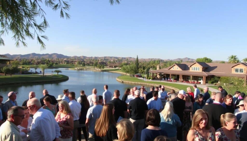 A lively gathering of singles amidst the picturesque lakeside setting of Sun Lakes, Arizona. In the foreground, groups of men and women mingle and converse, dressed casually yet stylishly. The middle ground showcases the tranquil waters of Sun Lakes, its surface gently reflecting the warm afternoon sunlight. In the background, the clubhouse and landscaped grounds provide a cozy, inviting atmosphere for the event. The scene is captured with a shallow depth of field, drawing the viewer's attention to the social interactions while maintaining a sense of place. The overall mood is one of relaxed sociability, the perfect setting for a successful speed dating experience.