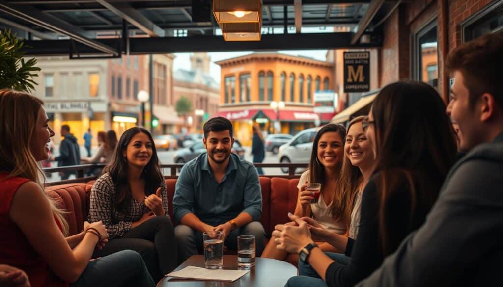 A vibrant, dynamic scene set in the heart of Jonesboro, Arkansas. In the foreground, a group of young professionals engaged in animated conversation, their faces alight with the excitement of new connections. The middle ground features a cozy, intimate setting - plush couches, warm lighting, and discreet signage hinting at the "speed dating" event in progress. In the background, a bustling city streetscape, with the iconic downtown architecture providing a charming backdrop. The overall mood is one of energy, optimism, and the promise of serendipitous encounters. Captured through a wide-angle lens, the image conveys the welcoming, inclusive atmosphere of this unique speed dating experience in Jonesboro.