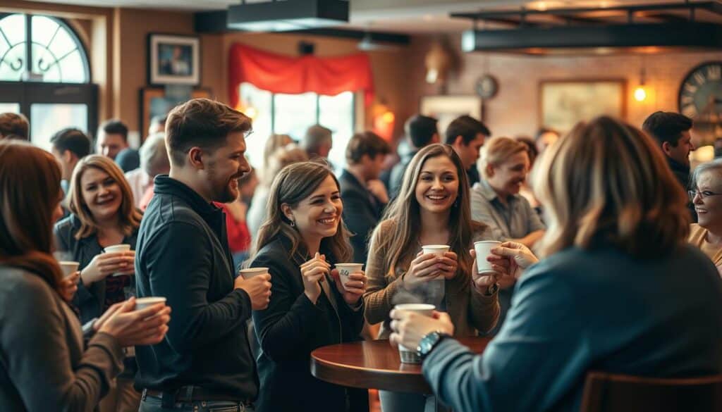 A bustling scene in the heart of Springdale, Arkansas, where singles gather for a lively speed dating event. In the warm, softly lit cafe, groups of people mingle and converse over steaming cups of coffee, their faces animated with anticipation and curiosity. Candid moments of connection and laughter fill the air, as new acquaintances are made and potential sparks ignite. The camera captures this intimate gathering from a slightly elevated angle, framing the scene with a sense of energy and authenticity. Warm tones and a depth of field that gently blurs the background contribute to the cozy, inviting atmosphere, drawing the viewer into the vibrant experience of speed dating in Springdale.