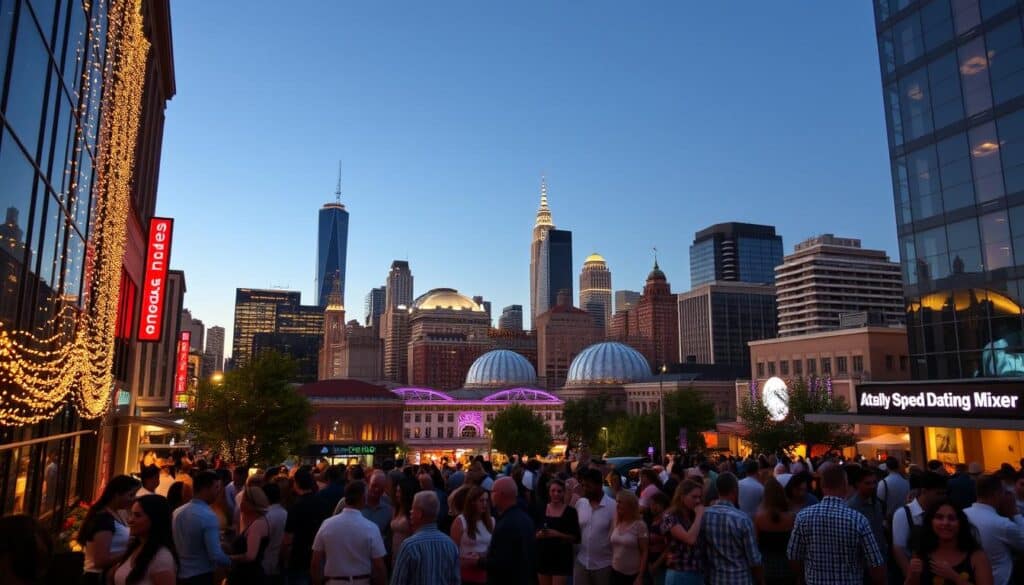 A bustling city skyline at dusk, with a vibrant downtown area in the foreground. Twinkling lights and neon signs illuminate the streets, where groups of people mingle and converse animatedly. In the middle ground, a series of modern, glass-fronted buildings stand, their lobbies and event spaces hosting speed dating mixers. The background features a range of architectural styles, from towering skyscrapers to historic landmarks, hinting at the diverse cultural landscape of the nearby cities. The scene is captured through a wide-angle lens, giving a sense of scale and energy to the overall composition. The lighting is warm and inviting, creating a lively, energetic atmosphere that reflects the excitement and potential of these speed dating events.
