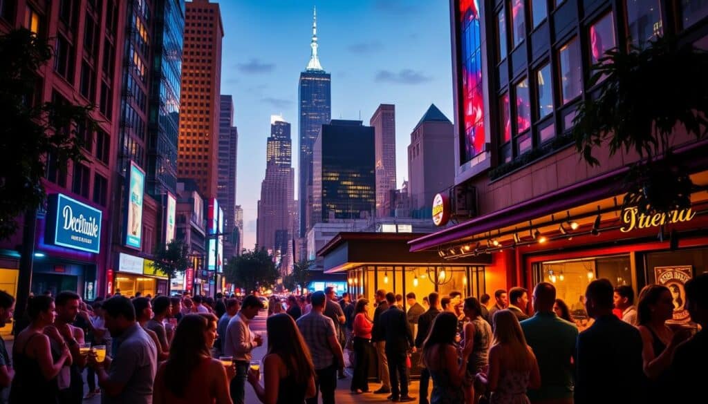 A vibrant cityscape filled with the energy of speed dating events in nearby cities. In the foreground, a bustling street scene with groups of people chatting animatedly, drinks in hand. In the middle ground, the neon lights of a trendy bar illuminate the entrance, where a queue of singles eagerly await their turn. In the background, the silhouettes of towering skyscrapers and a night sky aglow with the promise of new connections. Warm, inviting lighting casts a cozy atmosphere, capturing the excitement and anticipation of these lively speed dating gatherings.