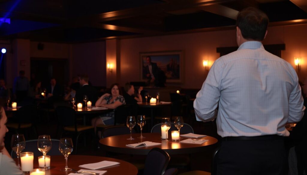 A lively speed dating event in the heart of Cabot, Arkansas. A dimly lit room with warm, ambient lighting sets the mood for intimate conversation. Round tables scattered across the space, each occupied by a pair of smartly dressed singles engaged in animated discussion. In the background, a subtle jazz melody plays, complementing the relaxed yet energetic atmosphere. Soft candlelight flickers, casting a cozy glow over the scene. Laughter and the gentle murmur of voices fill the air, creating a welcoming, vibrant environment for the local singles to mingle and connect.
