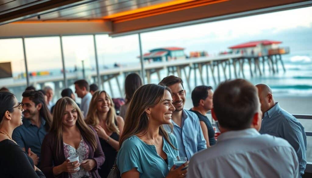 A vibrant scene of a speed dating event in the heart of Huntington Beach, California. The foreground features a group of casually dressed young professionals engaged in animated conversations, their faces alight with excitement and anticipation. The middle ground reveals a sleek, modern venue with sophisticated decor and soft lighting, creating an inviting ambiance. In the background, the iconic Huntington Beach pier and the glistening Pacific Ocean set the stage, evoking a sense of coastal charm and energy. The overall atmosphere conveys a lively, yet sophisticated experience, perfectly capturing the allure of speed dating in this vibrant seaside community.