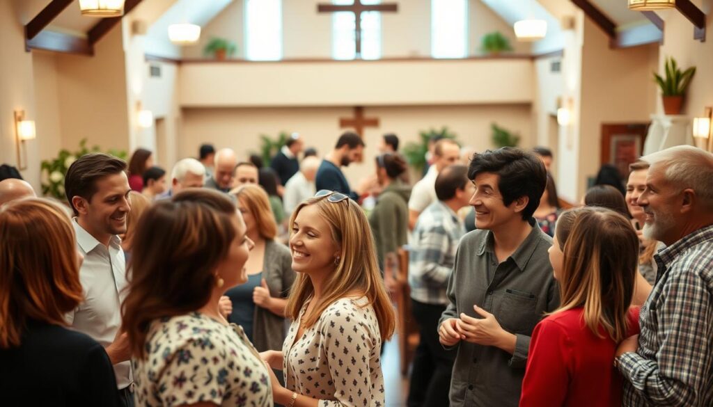 A warm, intimate gathering of Christian singles in a welcoming church hall. In the foreground, a group of people engaged in lively conversation, their faces alight with friendly smiles. The middle ground features cozy seating areas where individuals mingle, exchanging stories and building connections. The background showcases a tastefully decorated space, with soft lighting and natural elements like potted plants, creating a serene and inviting atmosphere. The overall scene evokes a sense of community, spiritual unity, and the potential for meaningful relationships to blossom.