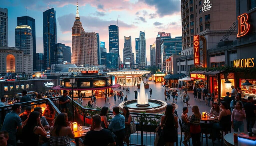 A bustling cityscape of vibrant nightlife and lively gatherings, set against a backdrop of towering skyscrapers and a vibrant skyline. In the foreground, a cozy cafe with intimate seating arrangements, soft lighting, and a welcoming ambiance. Groups of young, stylishly dressed individuals mingling and engaging in lively conversation. In the middle ground, a modern plaza with a central fountain, surrounded by upscale bars and restaurants, their neon signs casting a warm glow. In the distance, a bustling street scene with fashionable boutiques, trendy galleries, and a diverse array of entertainment options, all beckoning to the singles seeking a memorable social experience.