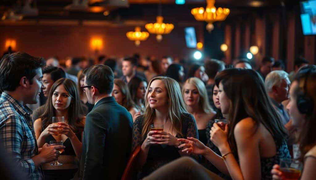 A bustling speed dating event, captured in a dynamic, photojournalistic style. In the foreground, a group of singles engaged in animated conversation, their body language and facial expressions conveying the awkwardness and nervousness of the situation. In the middle ground, other participants sit or stand, sipping drinks and glancing around, unsure of how to approach potential partners. The background is softly blurred, suggesting the crowded, dimly lit atmosphere of the venue, with subtle hints of decor and lighting that contribute to the overall ambiance. The scene is illuminated by a combination of warm, inviting overhead lighting and the occasional flash of a camera, creating a sense of energy and immediacy. The overall mood is one of tension and anticipation, hinting at the common mistakes and missteps that can occur during a speed dating experience.