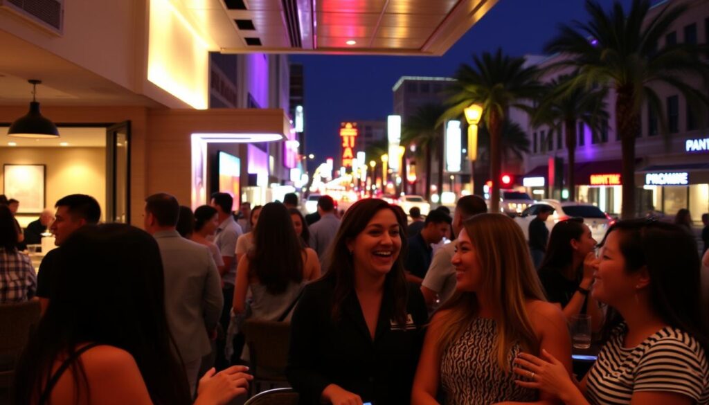 A cozy speed dating event in downtown Santa Clara, with warm lighting and a vibrant, modern atmosphere. In the foreground, a group of casually-dressed singles engaged in lively conversation, their faces animated with friendly smiles. In the middle ground, a sleek, minimalist event space with clean lines and chic decor, creating an inviting ambiance. In the background, the bustling streets of Santa Clara, with the glow of city lights and the silhouettes of palm trees, setting the scene for a lively and social nightlife. The overall impression is one of an exciting, welcoming, and energetic speed dating experience.