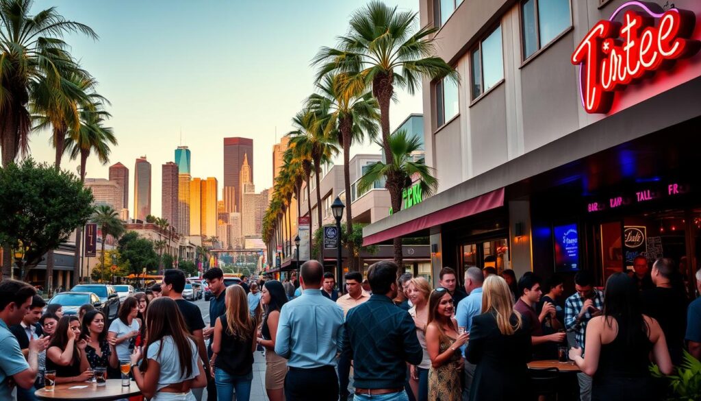 A bustling street scene in the heart of East Los Angeles, capturing the energy and excitement of a local speed dating event. In the foreground, groups of young professionals mingle and converse animatedly over drinks at an outdoor cafe, dressed in stylish attire. The middle ground reveals the entrance to a trendy bar, its neon sign casting a warm glow over the gathering crowd. In the background, the iconic palm trees and towering skyscrapers of the LA skyline provide a vibrant backdrop, bathed in the golden hues of the setting sun. The overall scene conveys a lively, metropolitan atmosphere filled with the promise of new connections and romantic possibilities.