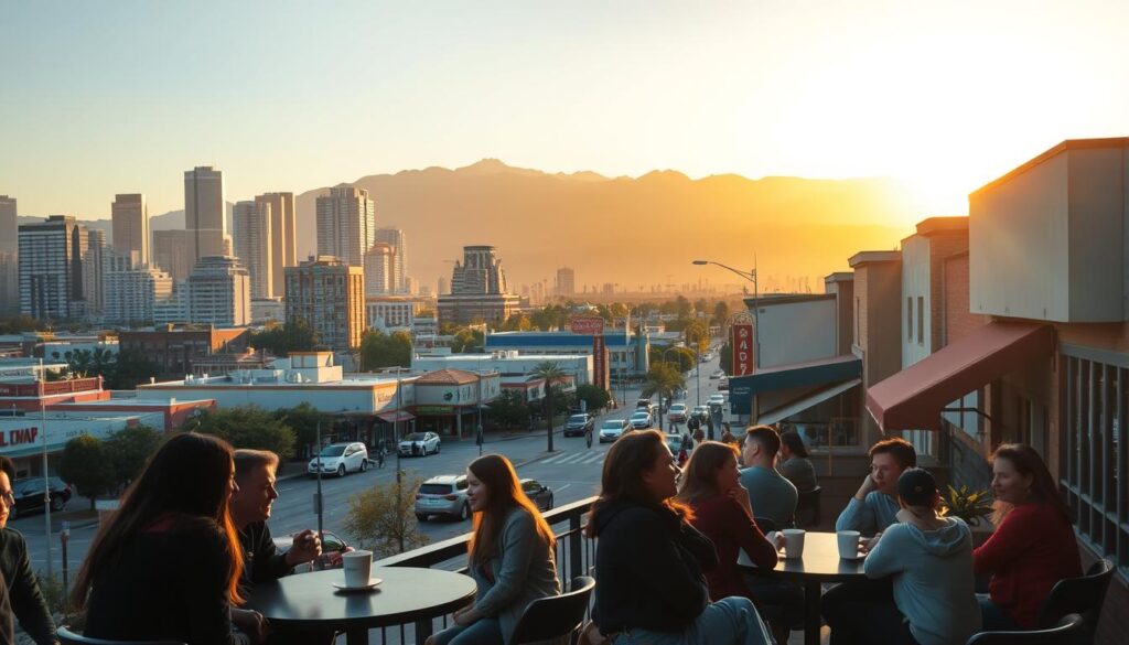 An outdoor scene in the San Gabriel Valley, California, featuring a vibrant city skyline with a mix of modern high-rises and historic architecture. In the foreground, a group of young professionals are gathered in a cozy cafe, engaged in lively conversation over cups of coffee. The middle ground showcases a bustling street lined with trendy shops, restaurants, and local businesses, hinting at the diverse social and cultural offerings of the region. The background is dominated by the majestic San Gabriel Mountains, their peaks casting long shadows as the sun dips below the horizon, creating a warm, golden glow that envelops the entire scene. The overall mood is one of urban energy, community, and the promise of new connections and experiences.
